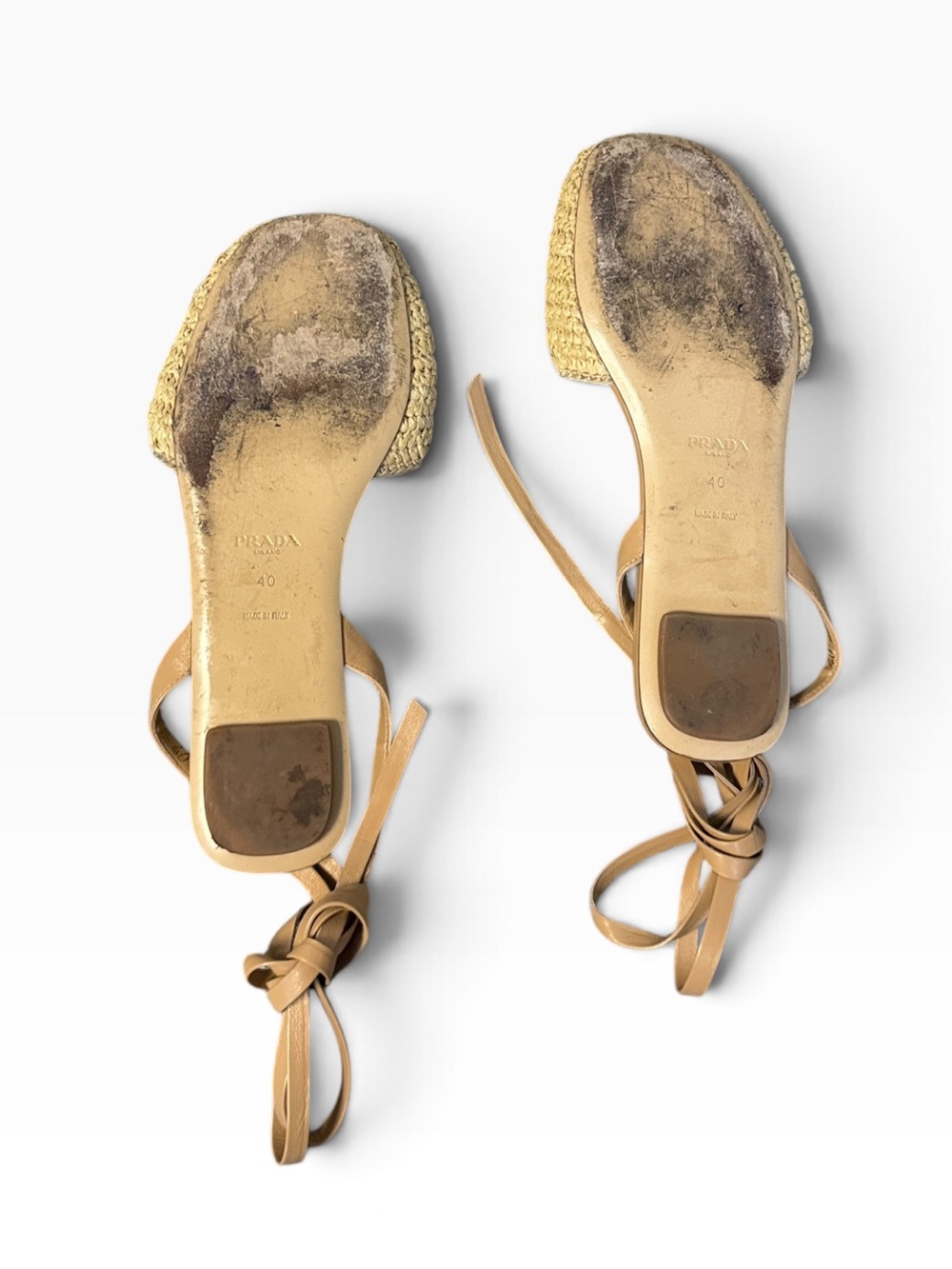 Prada Triangle Logo Natural Raffia Straw Woven Wrap Up Sandals Tan EU 40 - Picture 9 of 10